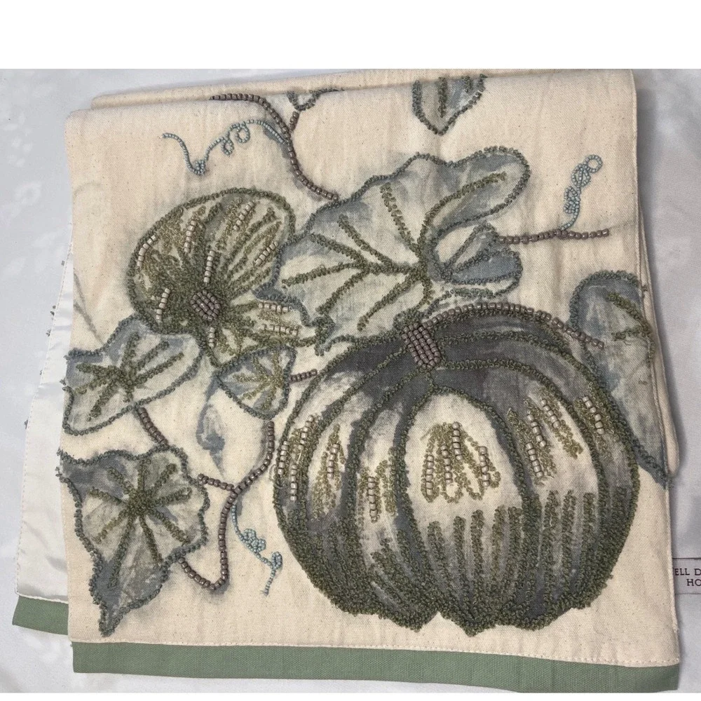 Well Dressed home Embroidered Beaded Farmhouse‎ Fall Pumpkin Table Runner Blue